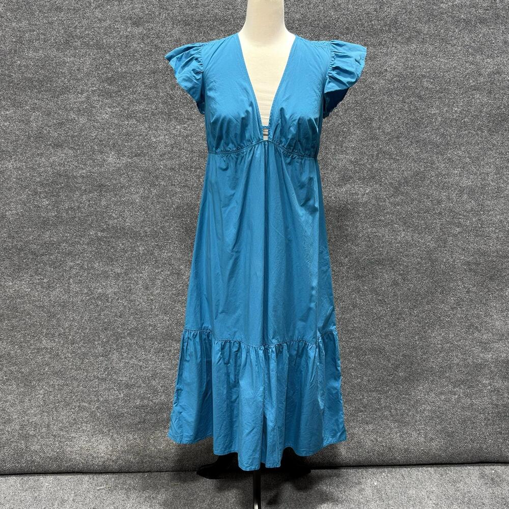 Rails Tina Dress Womens XS Blue Flutter Sleeve V Neck Maxi Sundress Ruffle Hem